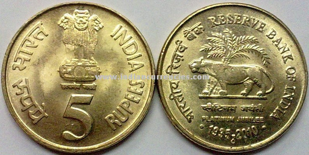 5 Rupees of 2010 - Reserve Bank Of India Platinum Jubilee 1935-2010 - Mumbai Mint