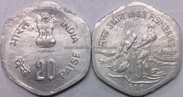 20 Paise of 1983 - Fisheries - Kolkata Mint