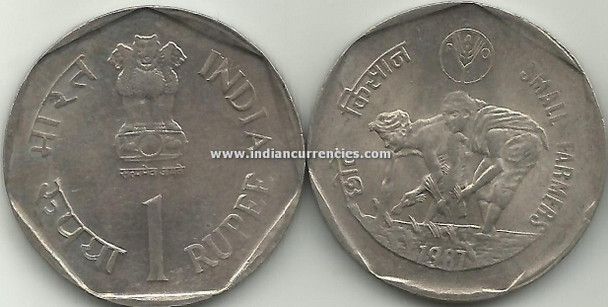 1 Rupee of 1987 - Small Farmers - Kolkata Mint