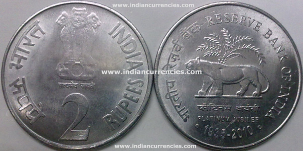 2 Rupees of 2010 - Reserve Bank Of India Platinum Jubilee 1935-2010 - Kolkata Mint