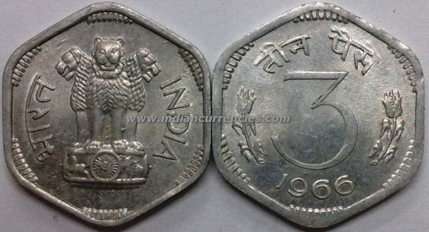 3 Paise of 1966 - Kolkata Mint - No Mint Mark