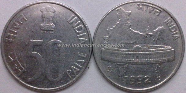 50 Paise of 1992 - Kolkata Mint - No Mint Mark - SS