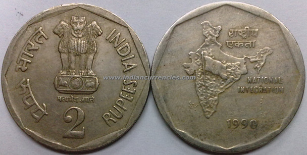 2 Rupees of 1990 - Kolkata Mint - No Mint Mark