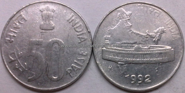 50 Paise of 1992 - Mumbai Mint - Diamond - SS