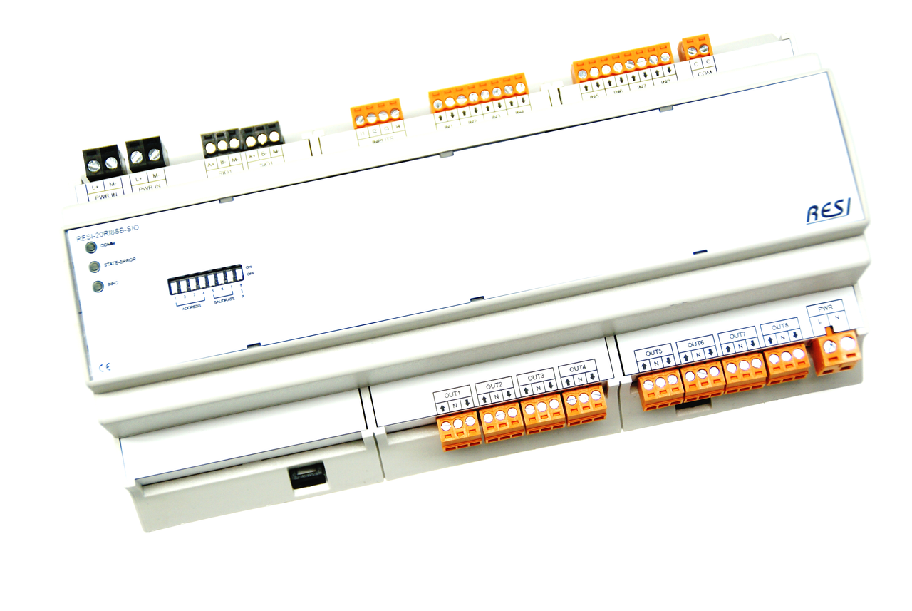 BIG IO module, 8TE, module for 8 shutters or blinds and 20 digital inputs, RS485, MODBUS/RTU slave, 12-48V=