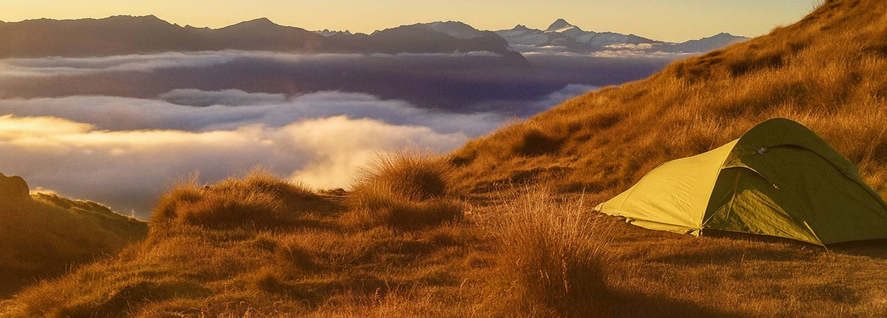 Tent set up overlooking mountains