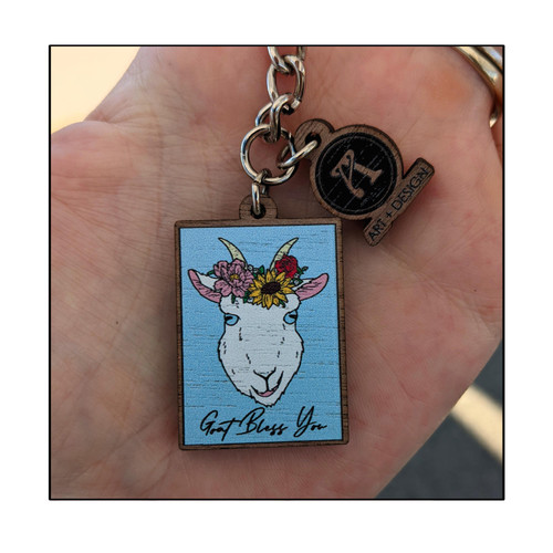 Goat Bless You Wooden Keychain