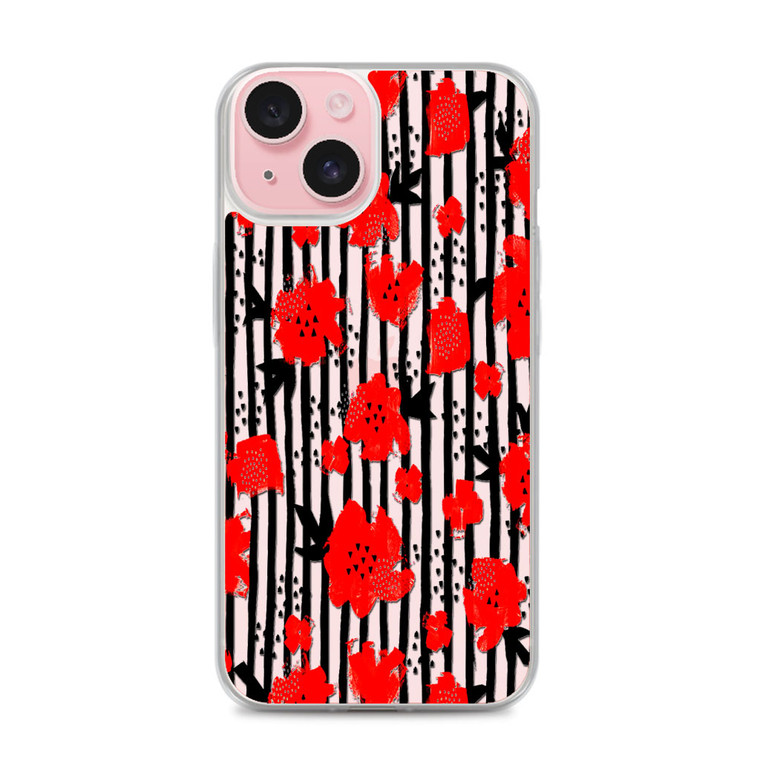 Watercolor Of Red Flower And Black Lines iPhone 15 Case