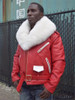 G Gator Red/ White Fox Fur Collar Leather Motorcycle Jacket