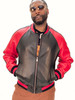 Red And Black Striped Leather Bomber Jacket 