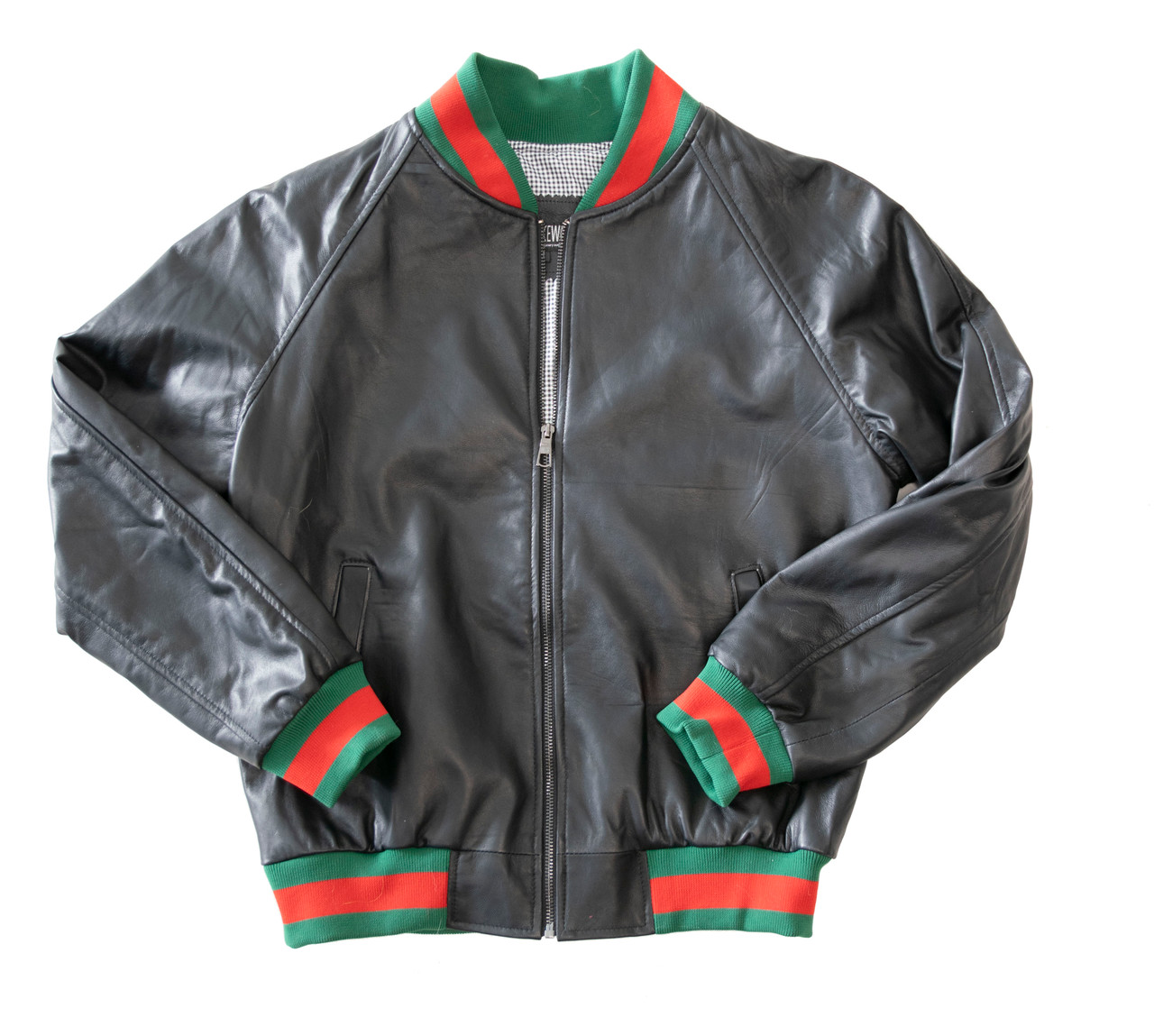 Black lightweight leather jacket with Red and Green Trim