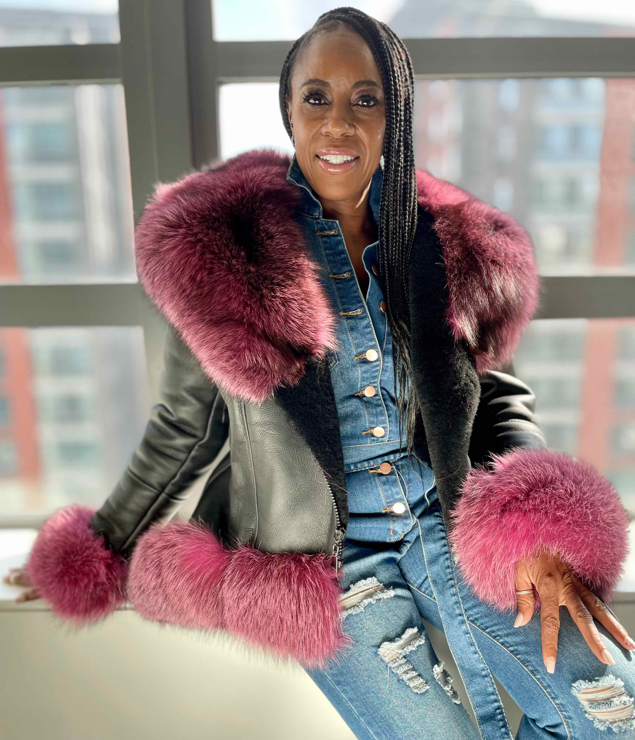 Pink and Black Peplum Sheepskin Jacket