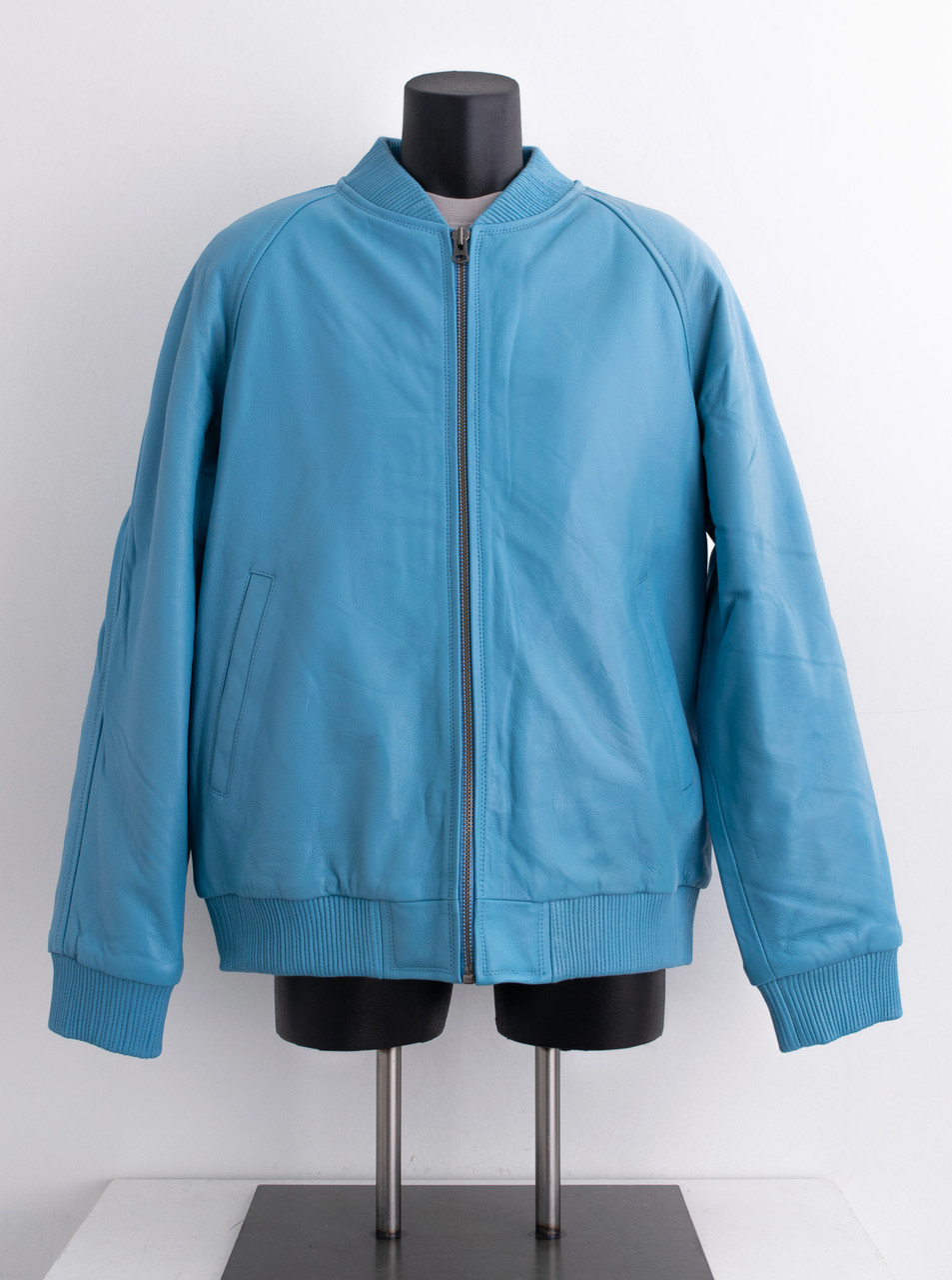 本物 エルメス 3B レザーZIP リネン ジャケット 38 ライトブルー系 Leather Jackets | Baseball Leather Baby Blue Jacket