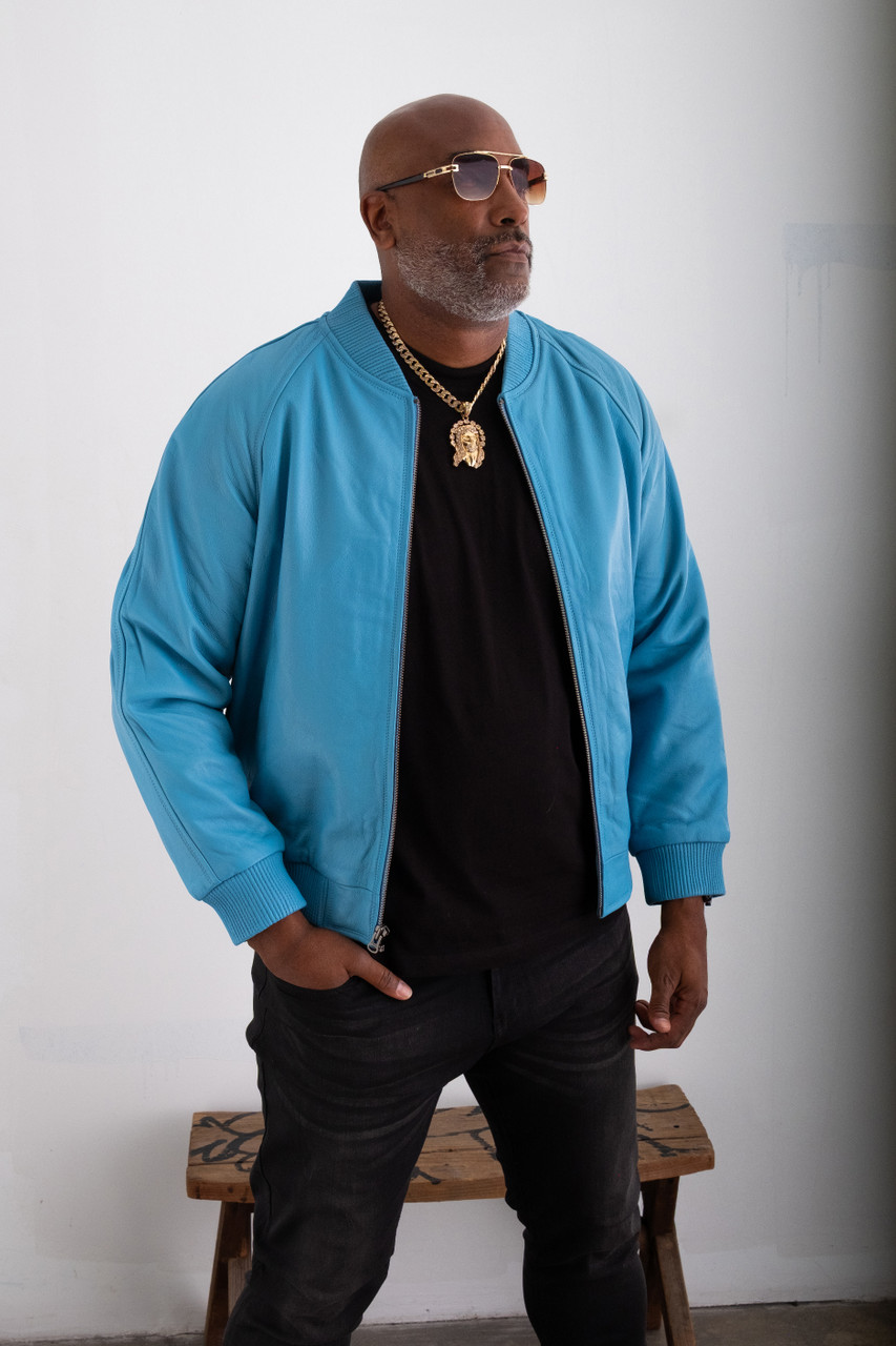 Leather Jackets | Baseball Leather Baby Blue Jacket | HIPHOPCLOSET.COM
