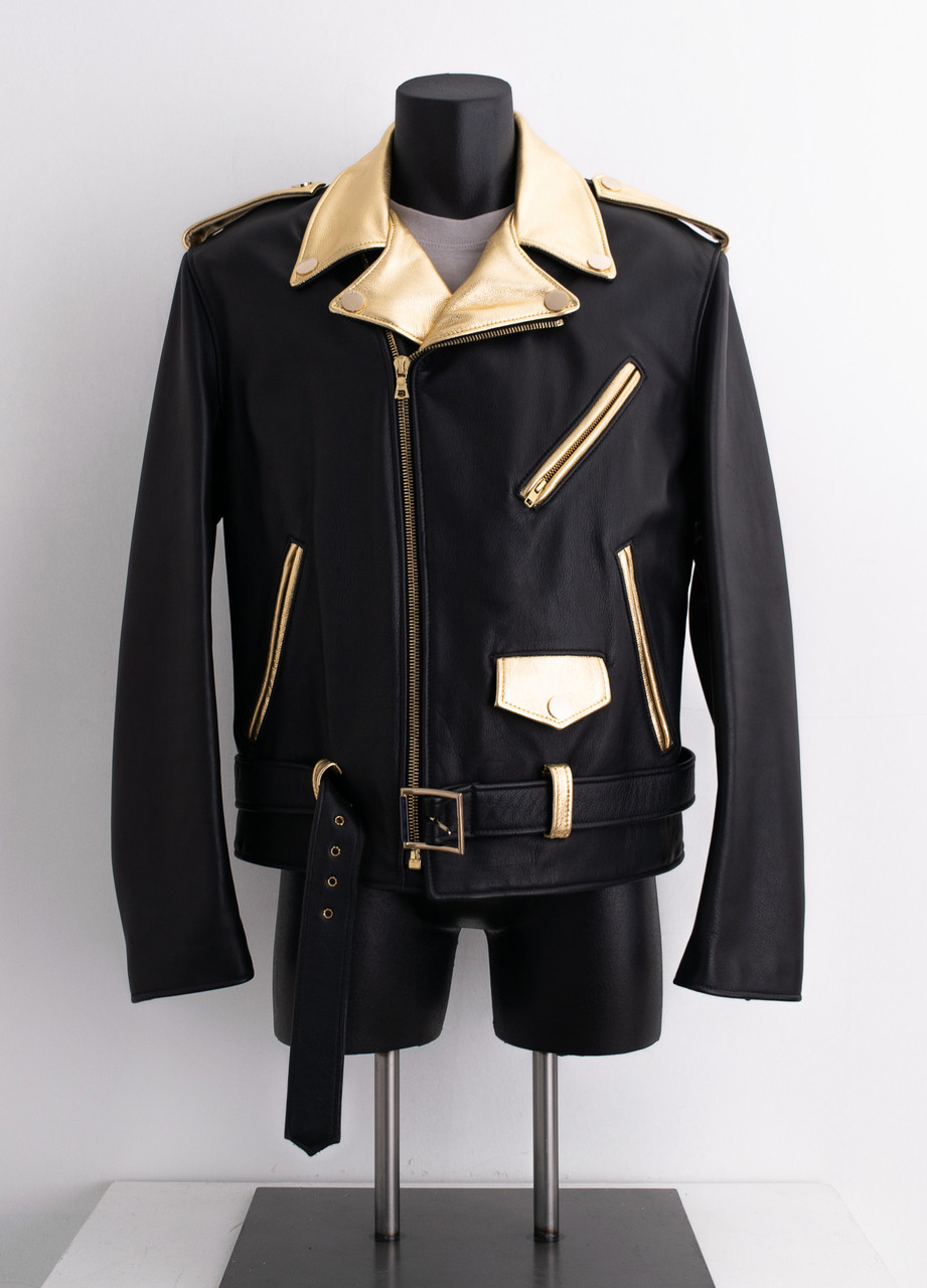 【関税&送料込】Golden Black Leather Jacket With A Glo Black and Gold Motorcycle Leather Jacket | HIPHOPCLOSET.COM