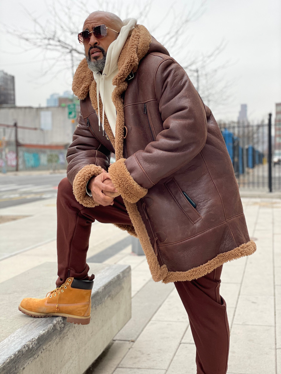 Brown Three Quarter Toggle Button Shearling Coat