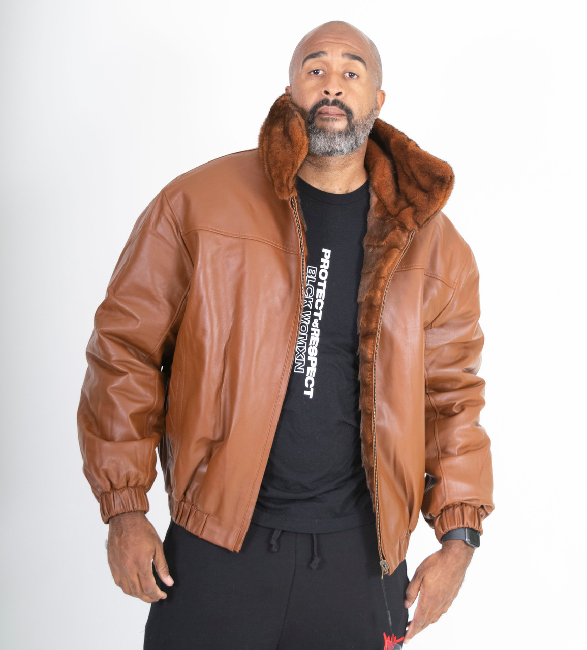 Tan Reversible Full Skin Mink to Leather Jacket (XL) | HipHopCloset