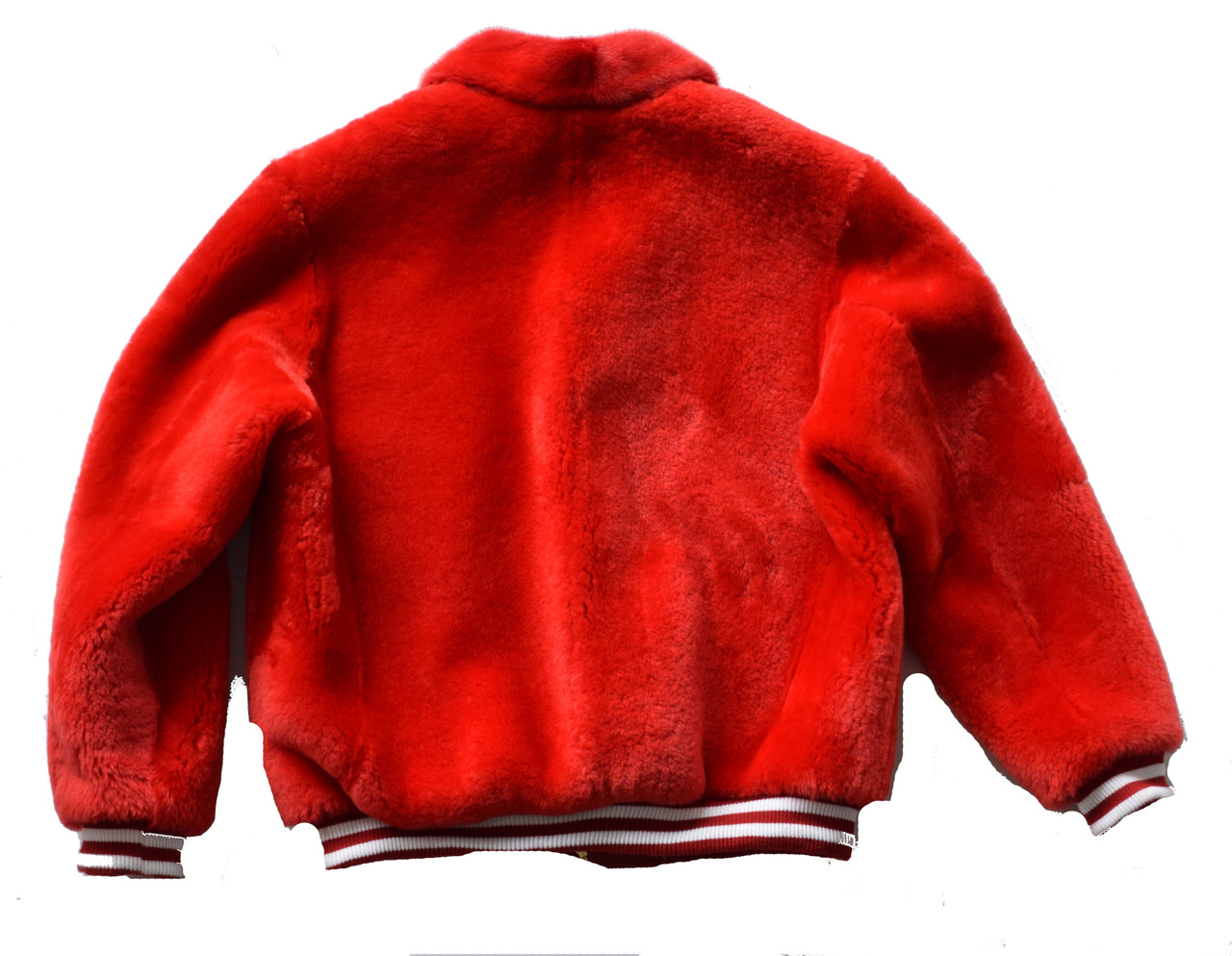 Red Fur Mouton Varsity Bomber Jacket