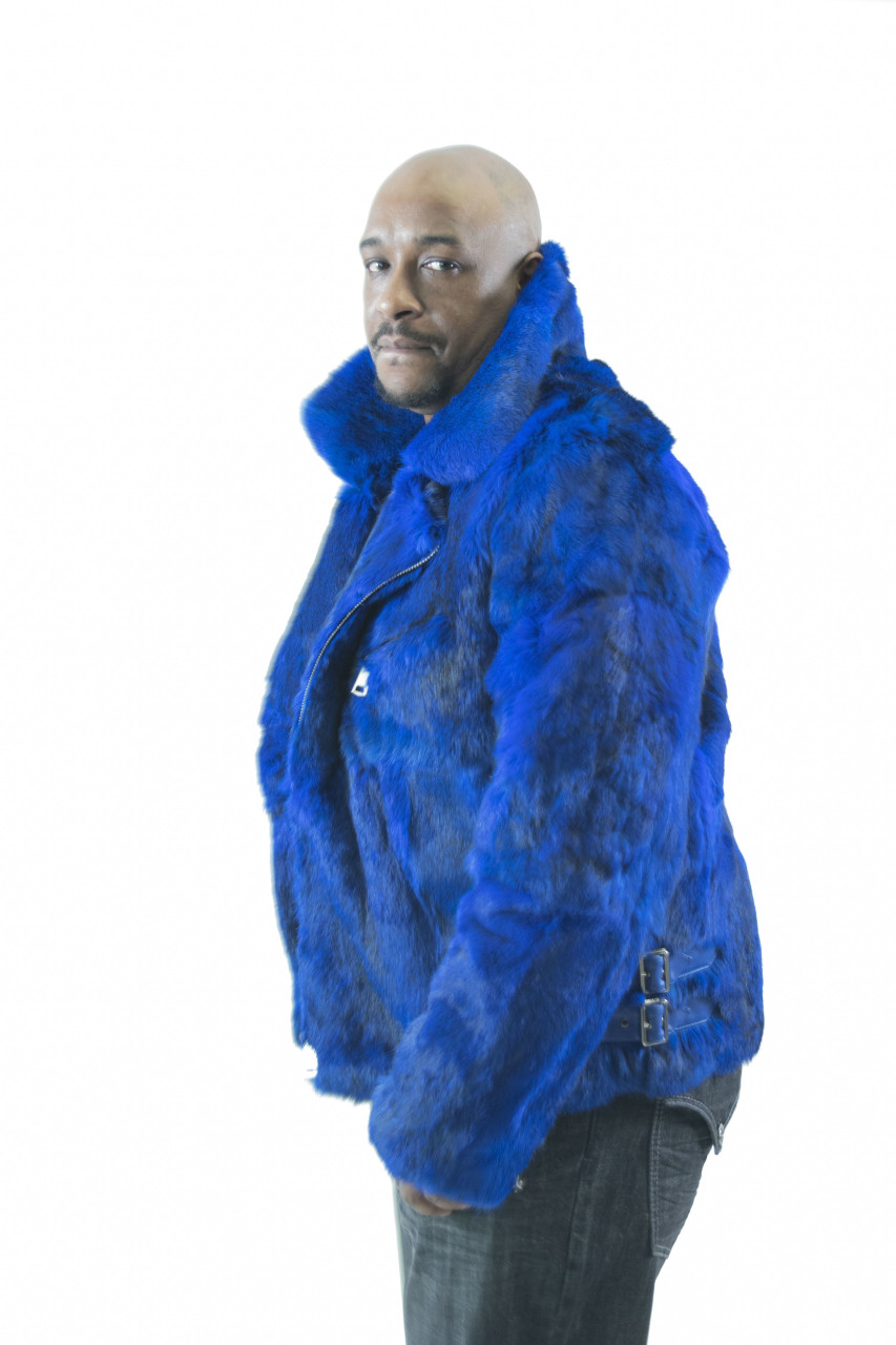 Mens Royal Blue Fur Biker Jacket - Hip 