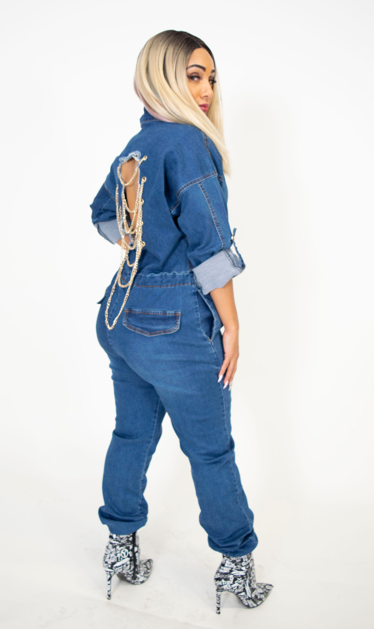 open back denim jumpsuit