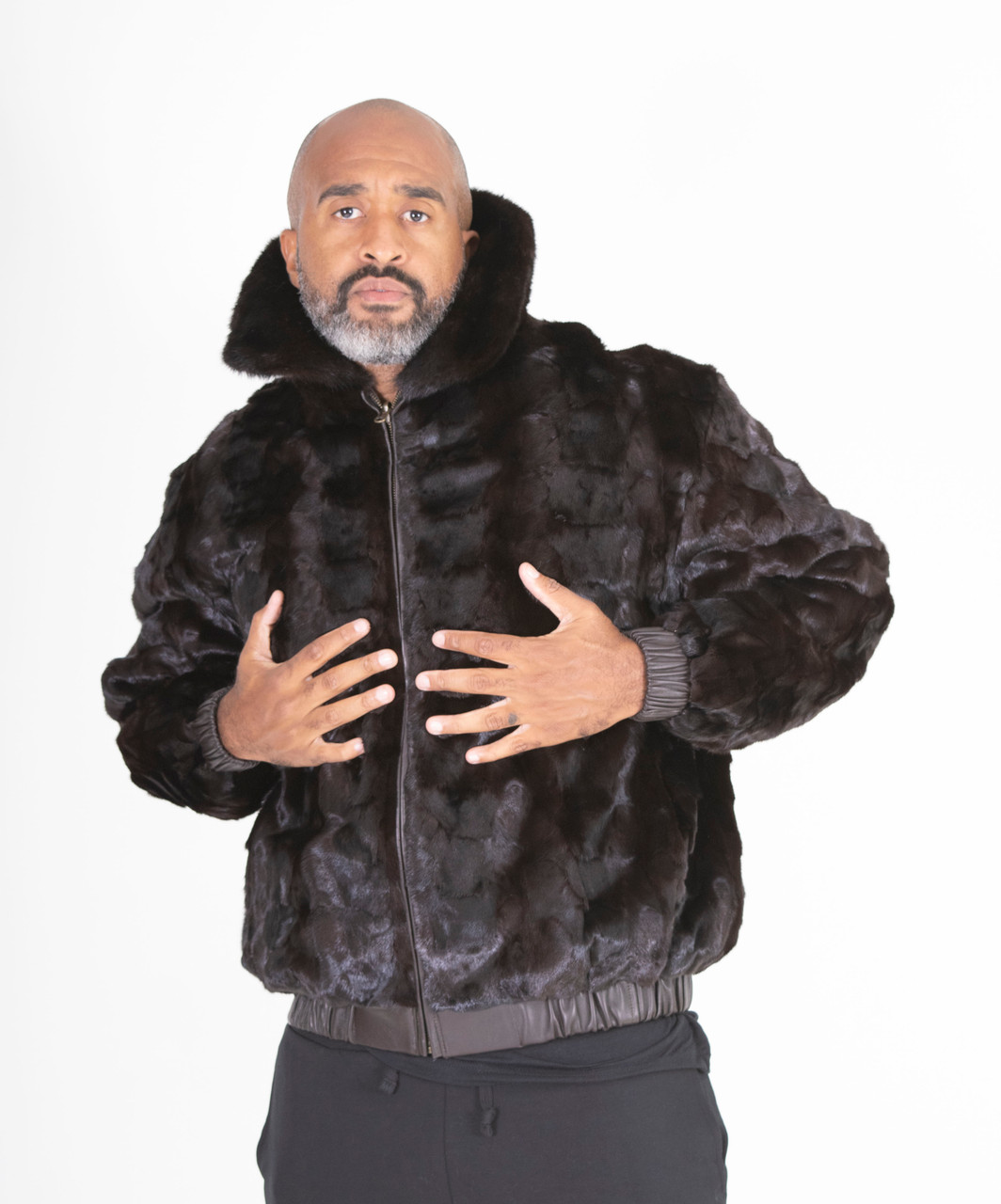 Men's Mink Fur Bomber Jacket with Full Skin Mink Hooded Fur Jacket