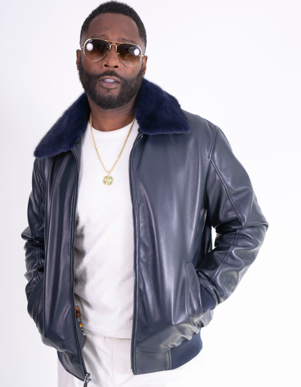 Navy Blue Bomber Jacket with Fur Mink Collar