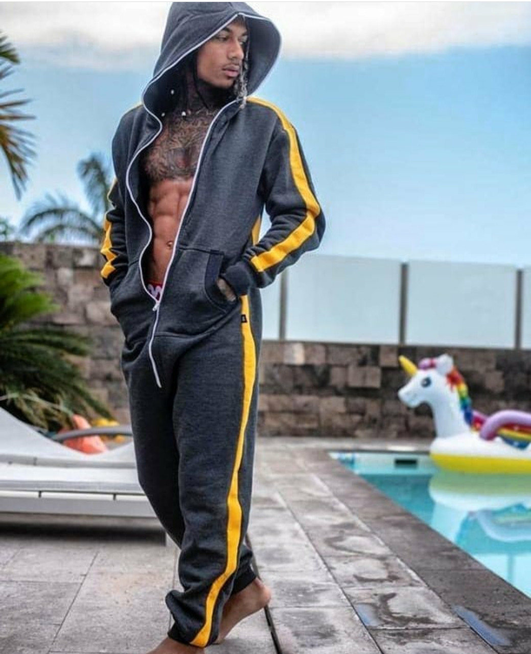 Mens Dark Gray Hoodie Onesie with Yellow Stripe