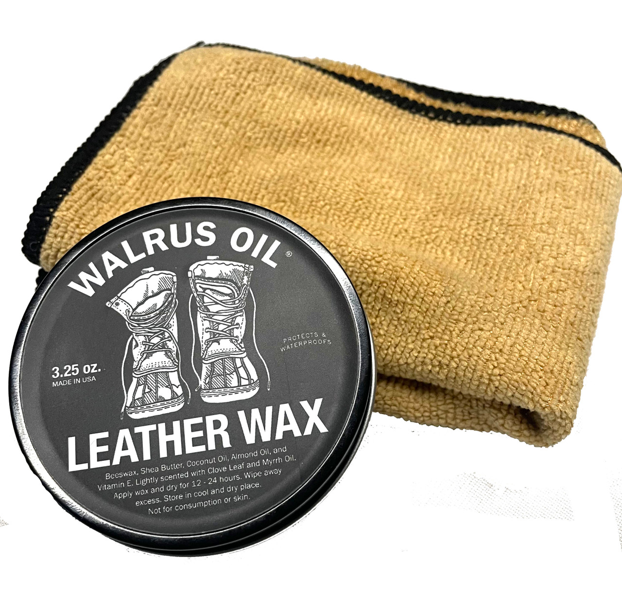 Walrus Oil Leather Wax and application cloth