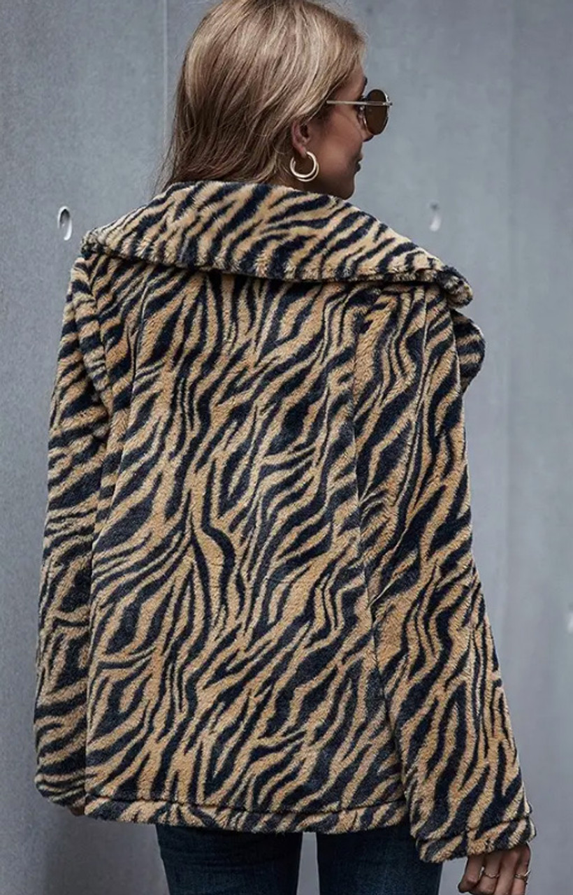 Ladies Faux Fur Zebra Print Jacket | HipHopCloset