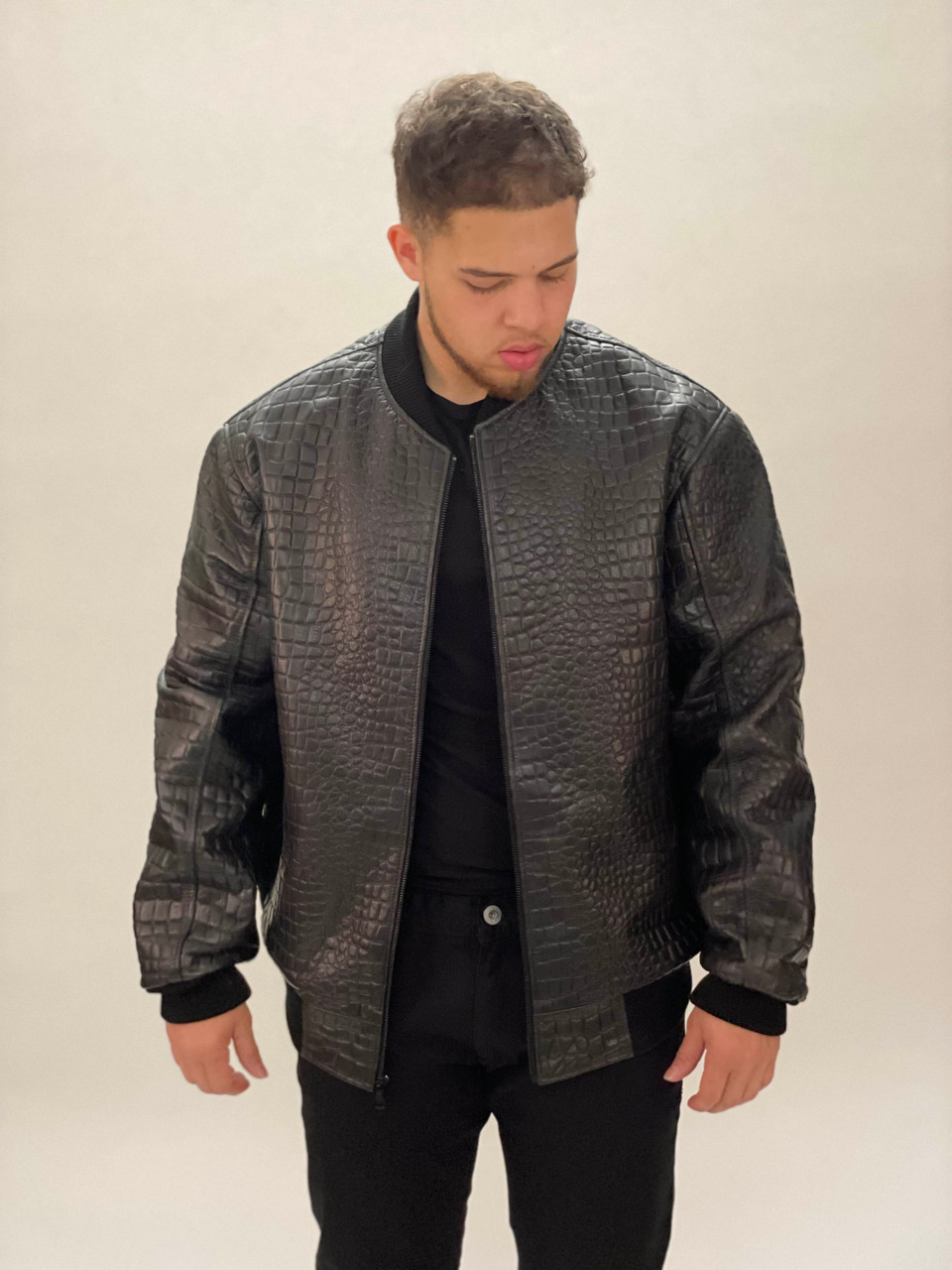 Black Croc Embossed Baseball Jacket