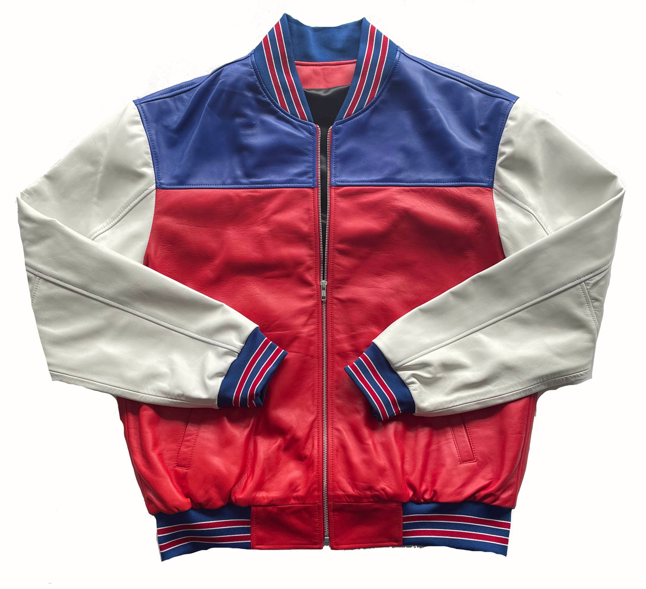 Red White and Blue Butter Soft Leather Baseball Jacket (5XL) | HipHopCloset