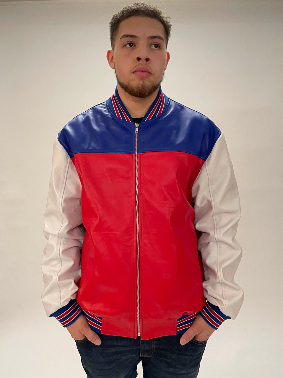 Red White and Blue Butter Soft Leather Baseball Jacket (5XL) | HipHopCloset