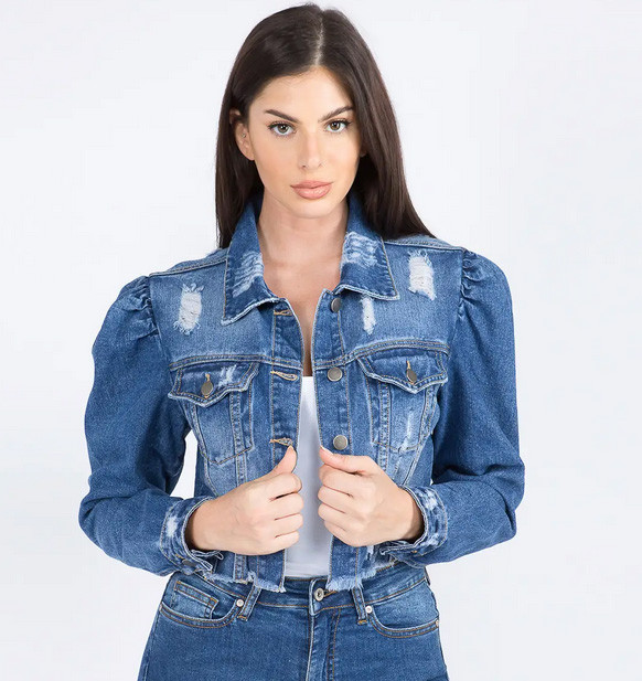 cropped denim jacket puff shoulders