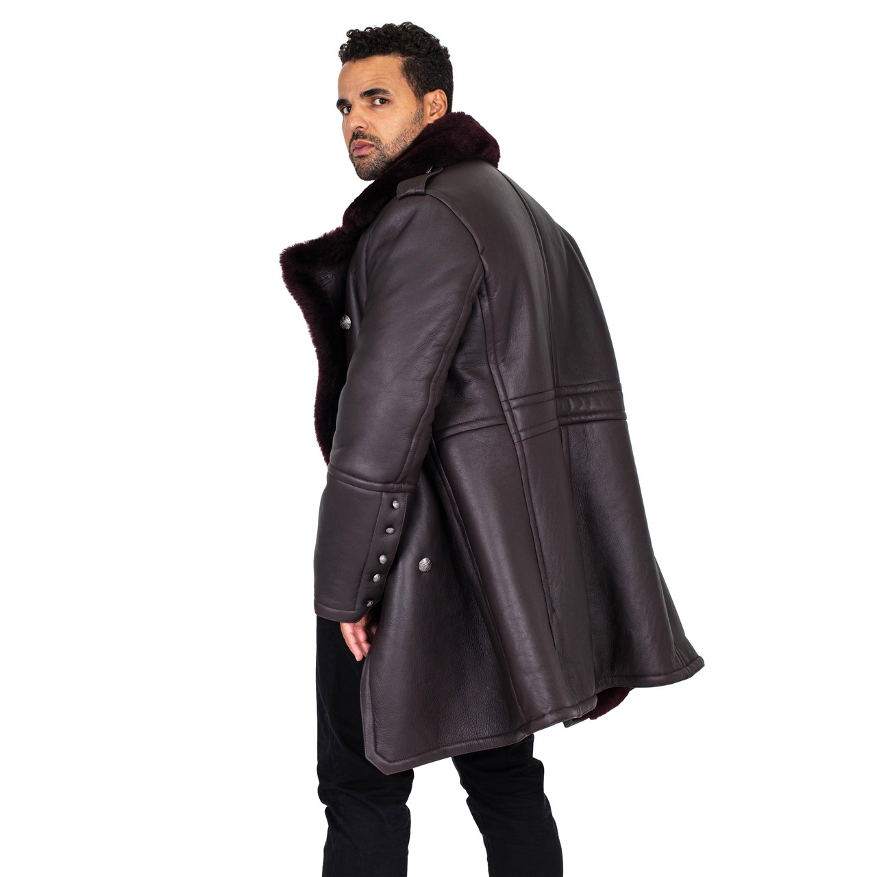 Burgundy Double Breasted Sheepskin Pea Coat | hiphopcloset.com