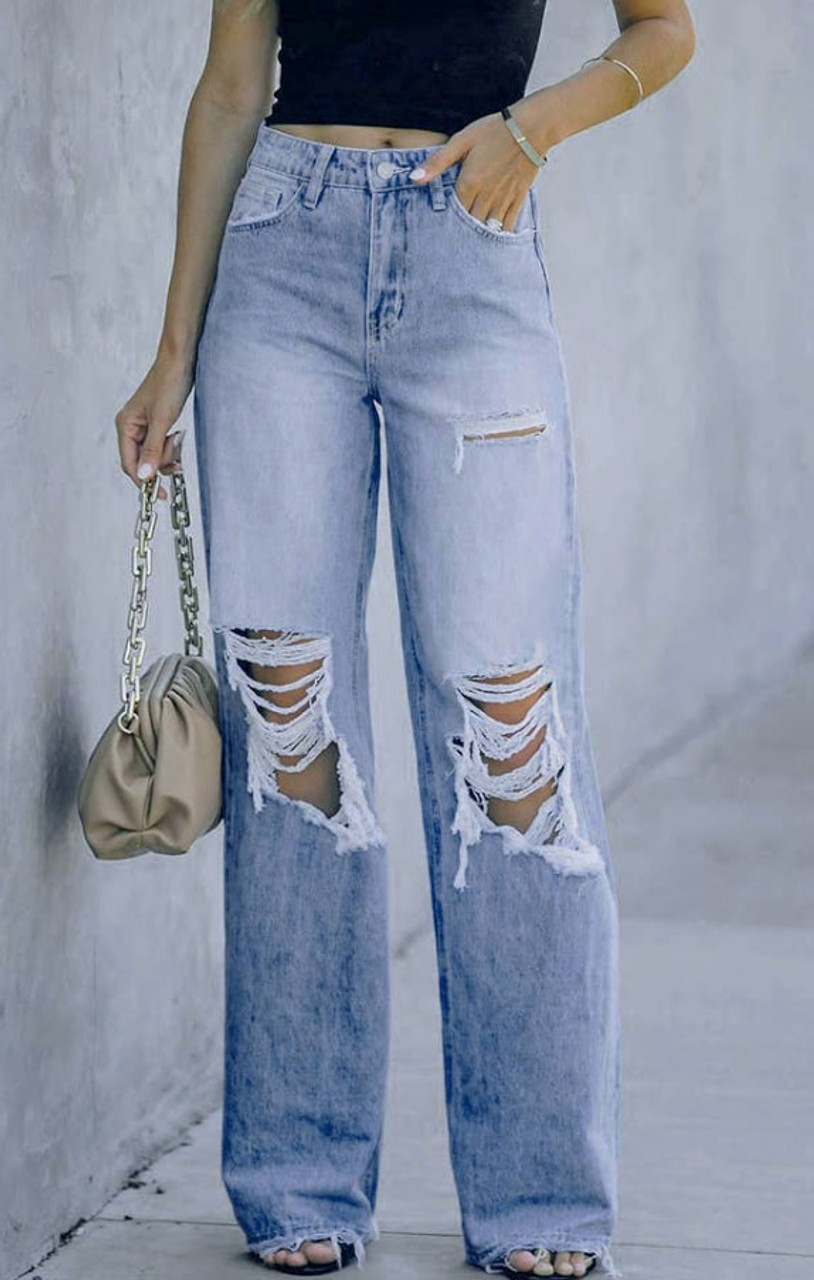 Lmtime Fashion Jeans for Women Button High Waist Pocket Elastic Hole Jeans  Trousers Loose Denim Pants Streetwear