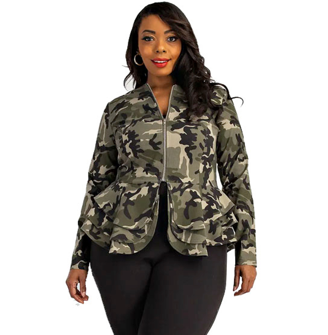 LifeShe Women's Zip Up Ruffle Sleeve Peplum Camo Jacket