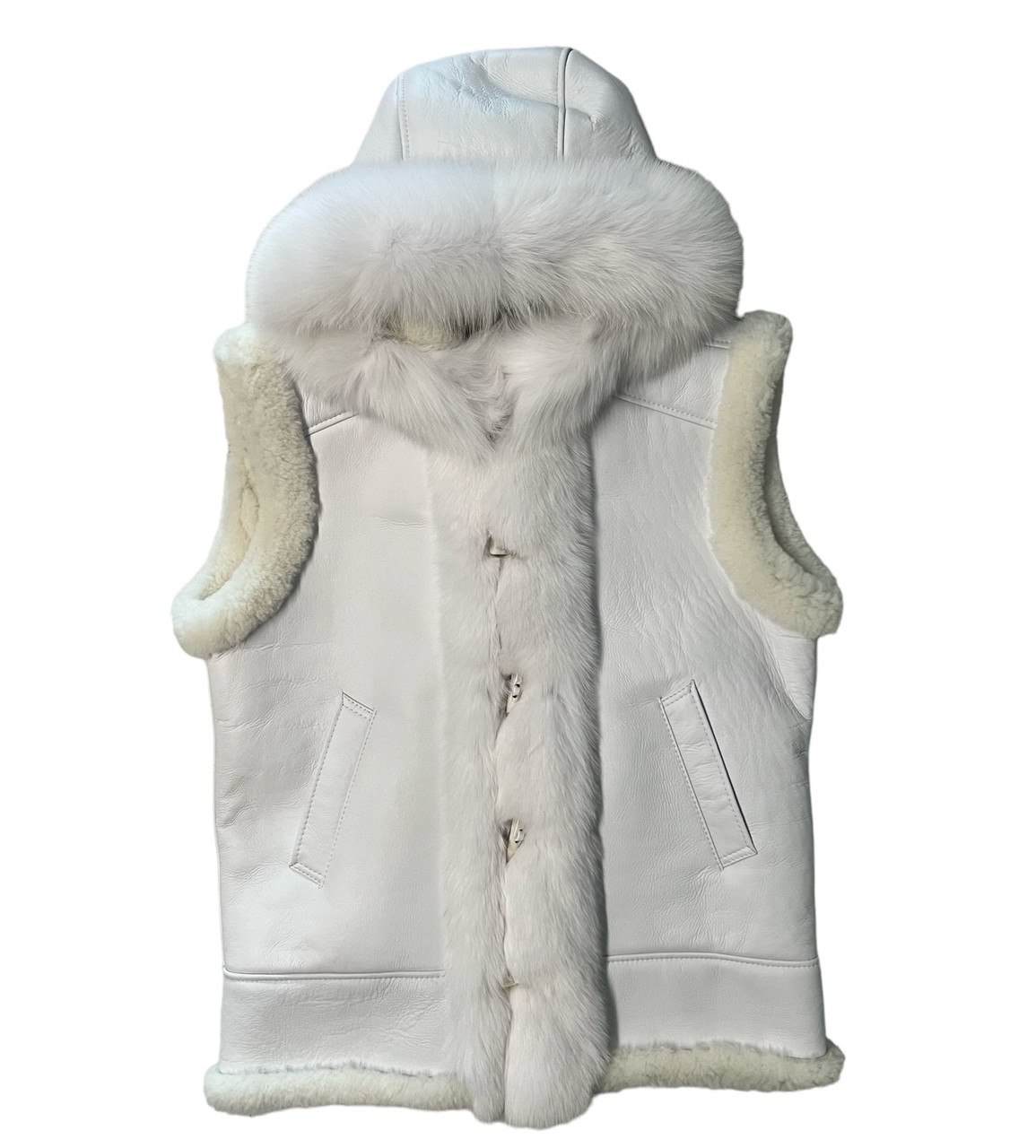White Sheepskin Vest with Fox Fur trim | HipHopCloset.com