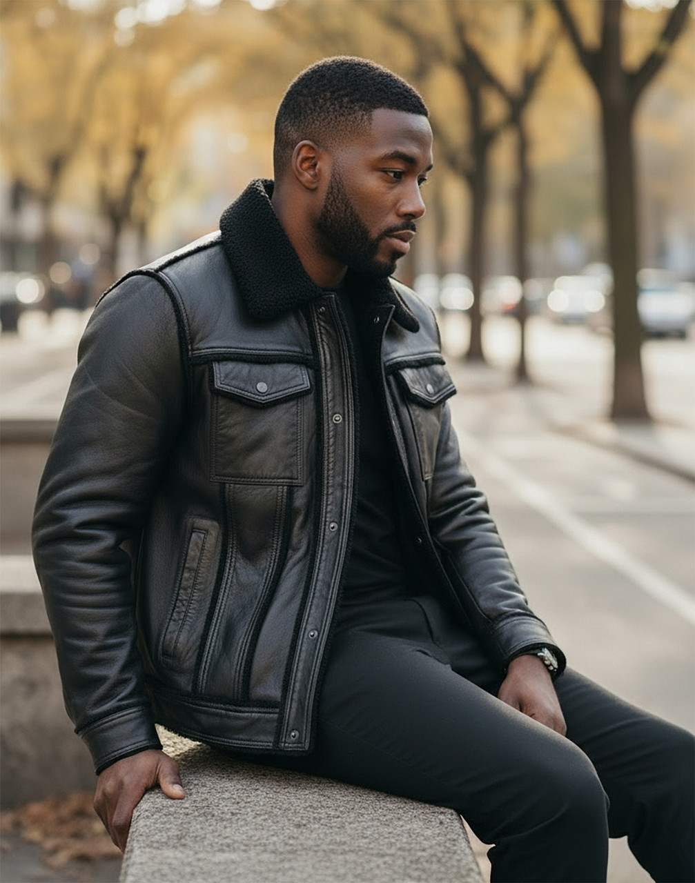 Rusty Black Mens Trucker Sheepskin