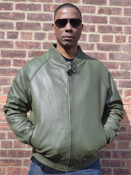 Army Green Butter Soft Leather Baseball Jacket