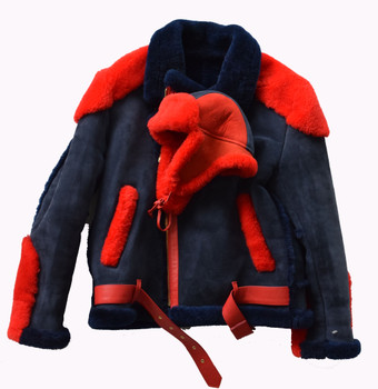 Red and Blue Moto Shearling Sheepskin Jacket 