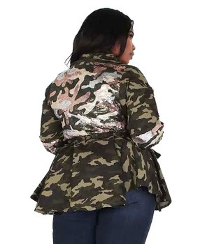 Plus Size Peplum Camo Sequin Back Jacket 
