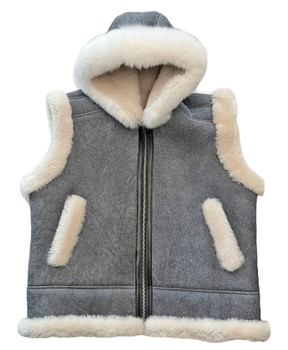 Grey Distressed Mens Sheepskin Vest with fox trim hood