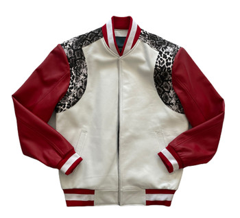 Red White and Snake Print Varsity Leather Jacket 