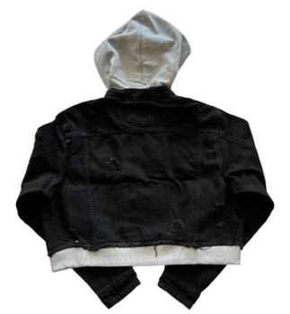 Black Cropped Distressed Jean Jacket with Sweater Hood 