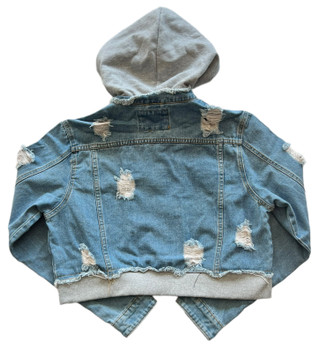Blue Cropped Distressed Jean Jacket with Sweater Hood
