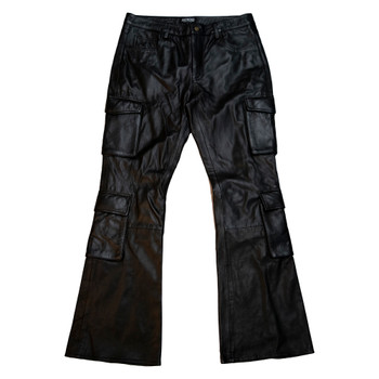 Black Leather Flare Bottom Cargo Pants
