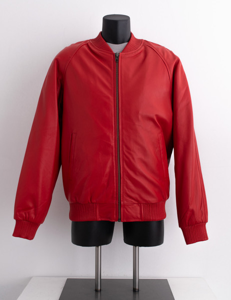 Front view of a Red Baseball Leather Jacket for men