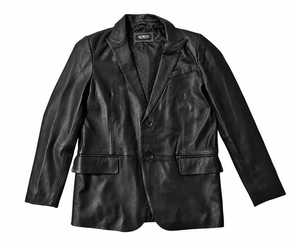 Black men’s genuine lambskin leather blazer with notched lapel, button-front closure, chest pocket, and front flap pockets on a white background.
