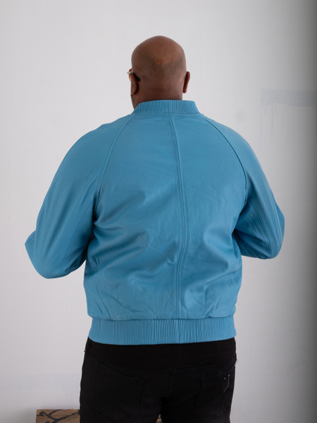 back view of Man wearing Butter soft winter leather baseball jacket for men 