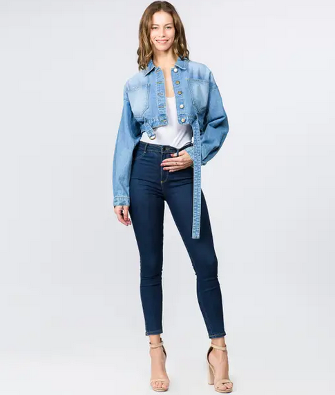 full body shot of model wearing ladies Cropped Belted Denim Jacket